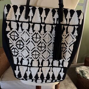Lucky Brand Black and Cream Embroidered Tote